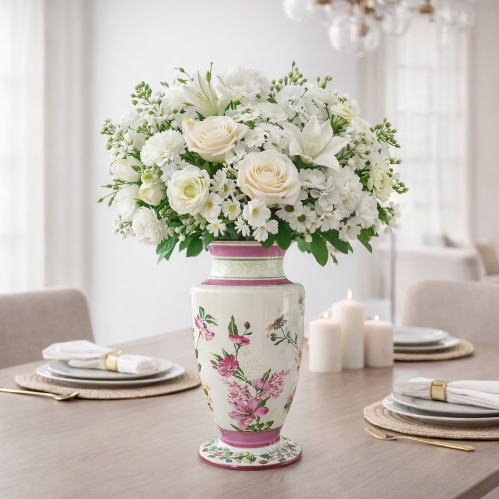 Elegant Floral Porcelain-Like Vase – 9.5” Tall Decorative Centerpiece
